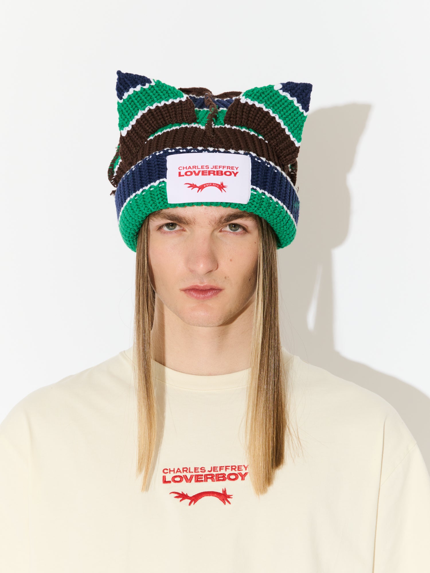CHUNKY EARS BEANIE in GREEN NAVY BROWN STRIPE - Image 3