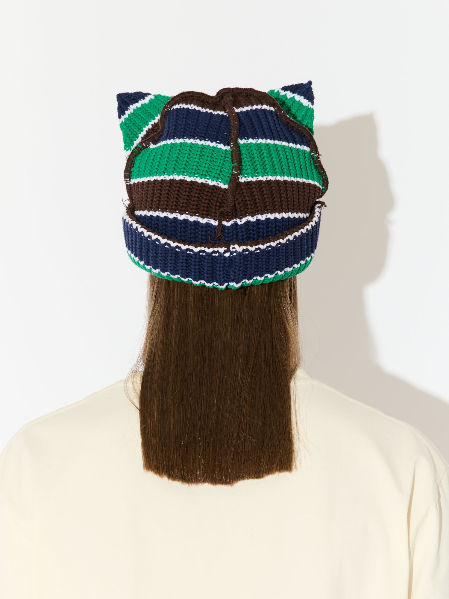 CHUNKY EARS BEANIE in GREEN NAVY BROWN STRIPE - Image 5