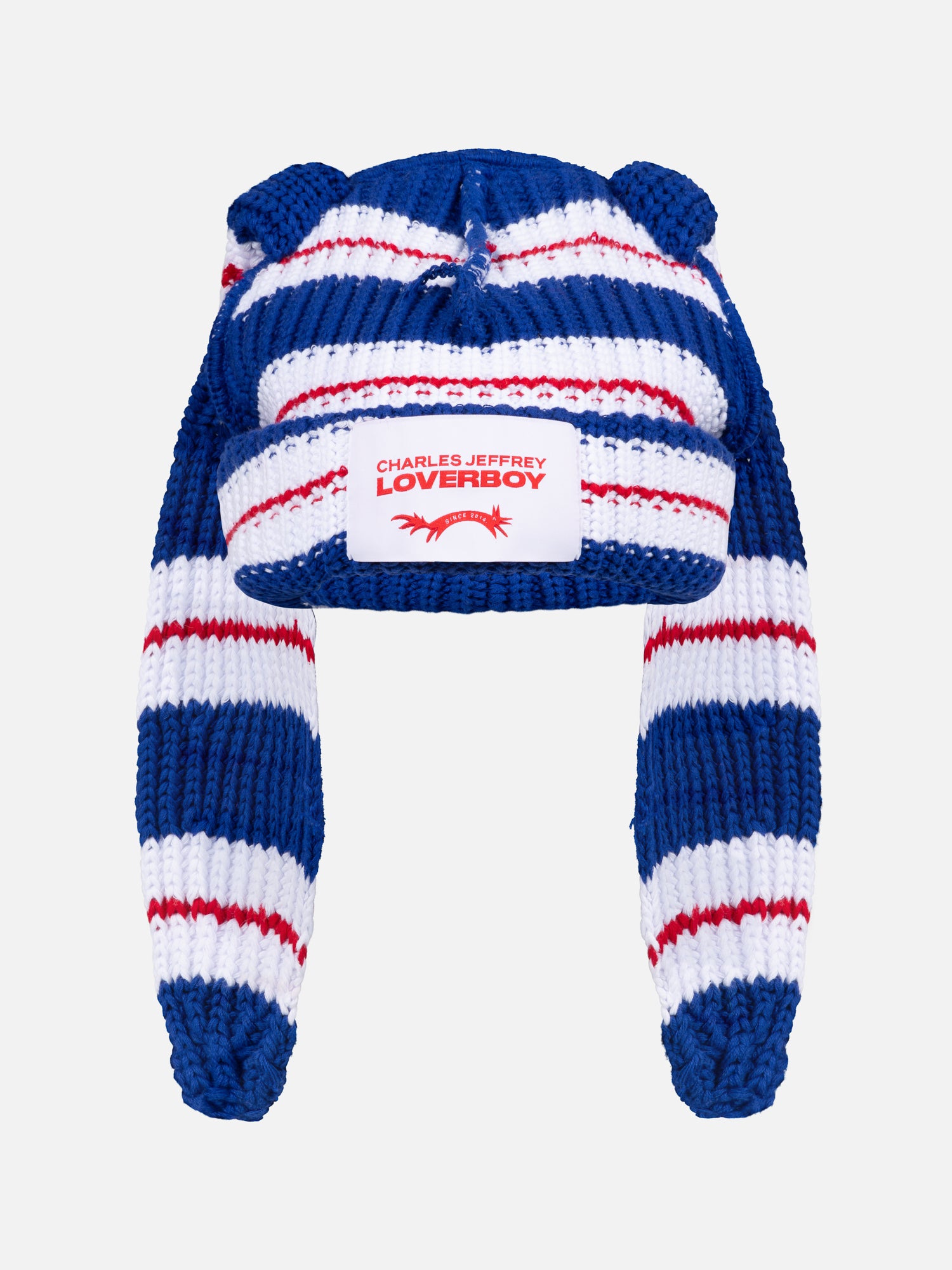 CHUNKY RABBIT BEANIE in BLUE RED WHITE STRIPE