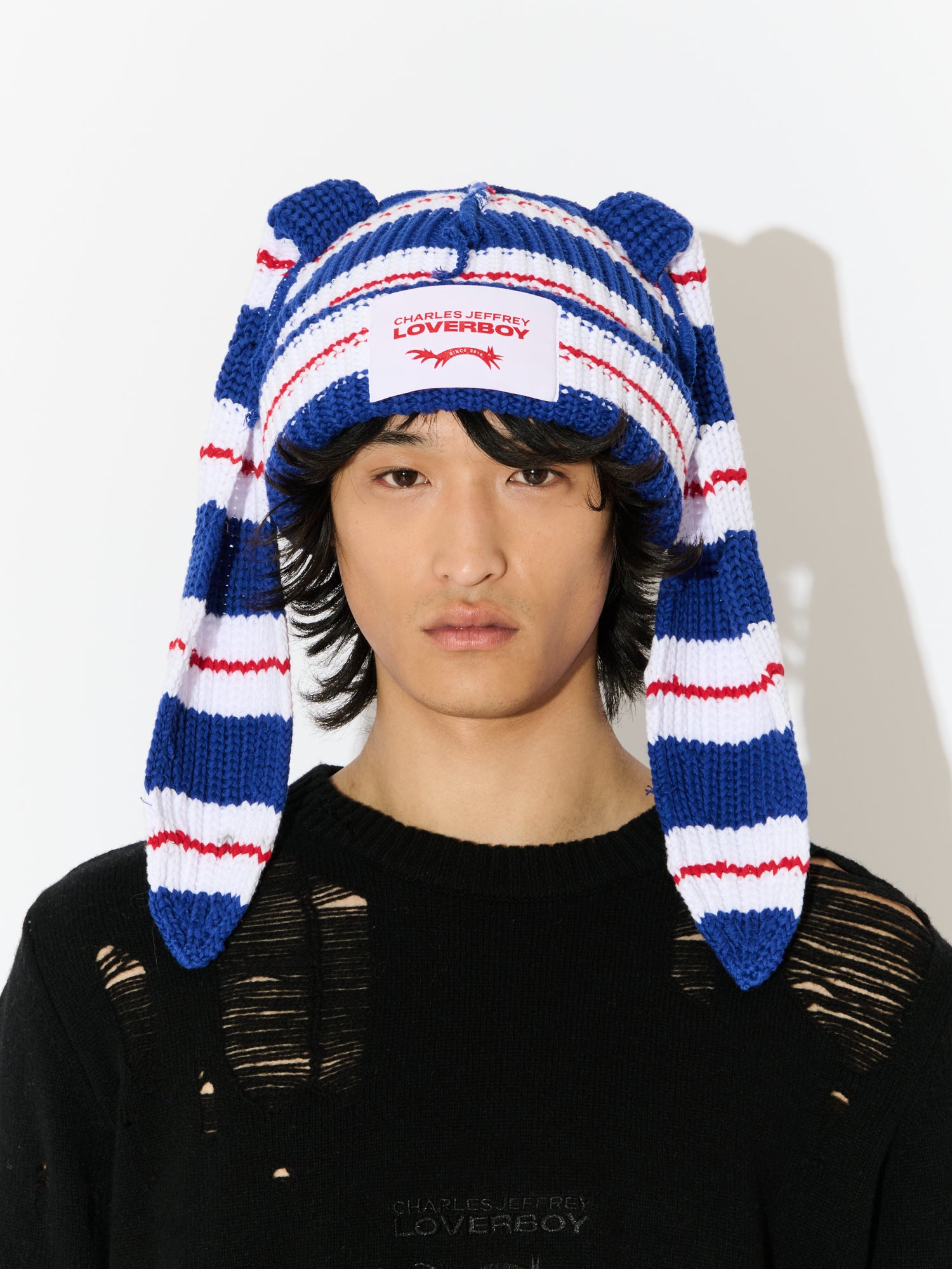 CHUNKY RABBIT BEANIE in BLUE RED WHITE STRIPE - Image 3