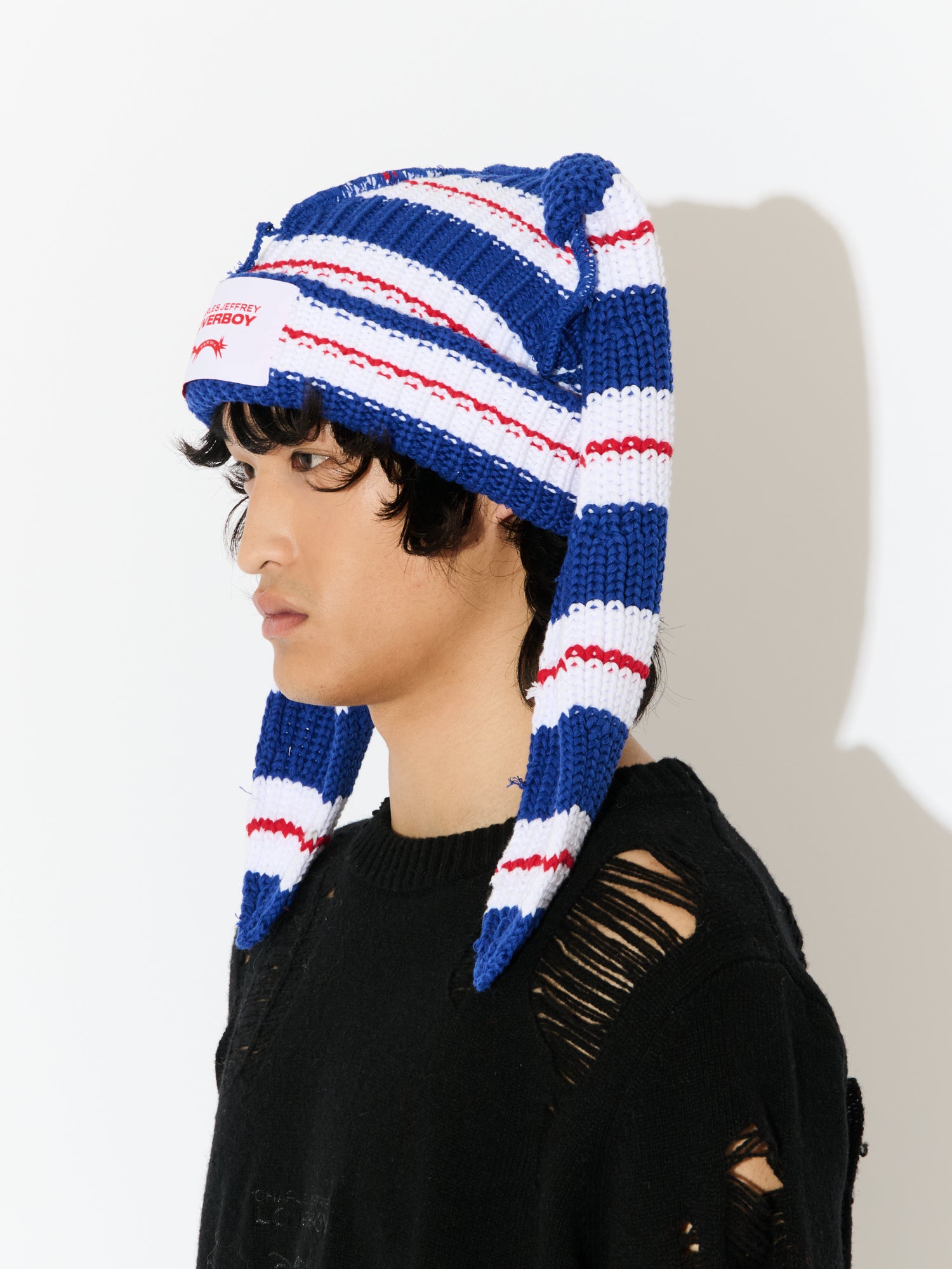 CHUNKY RABBIT BEANIE in BLUE RED WHITE STRIPE - Image 4