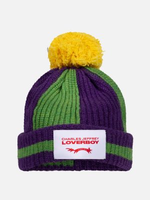 POMPOM BEANIE in GREEN PURPLE YELLOW