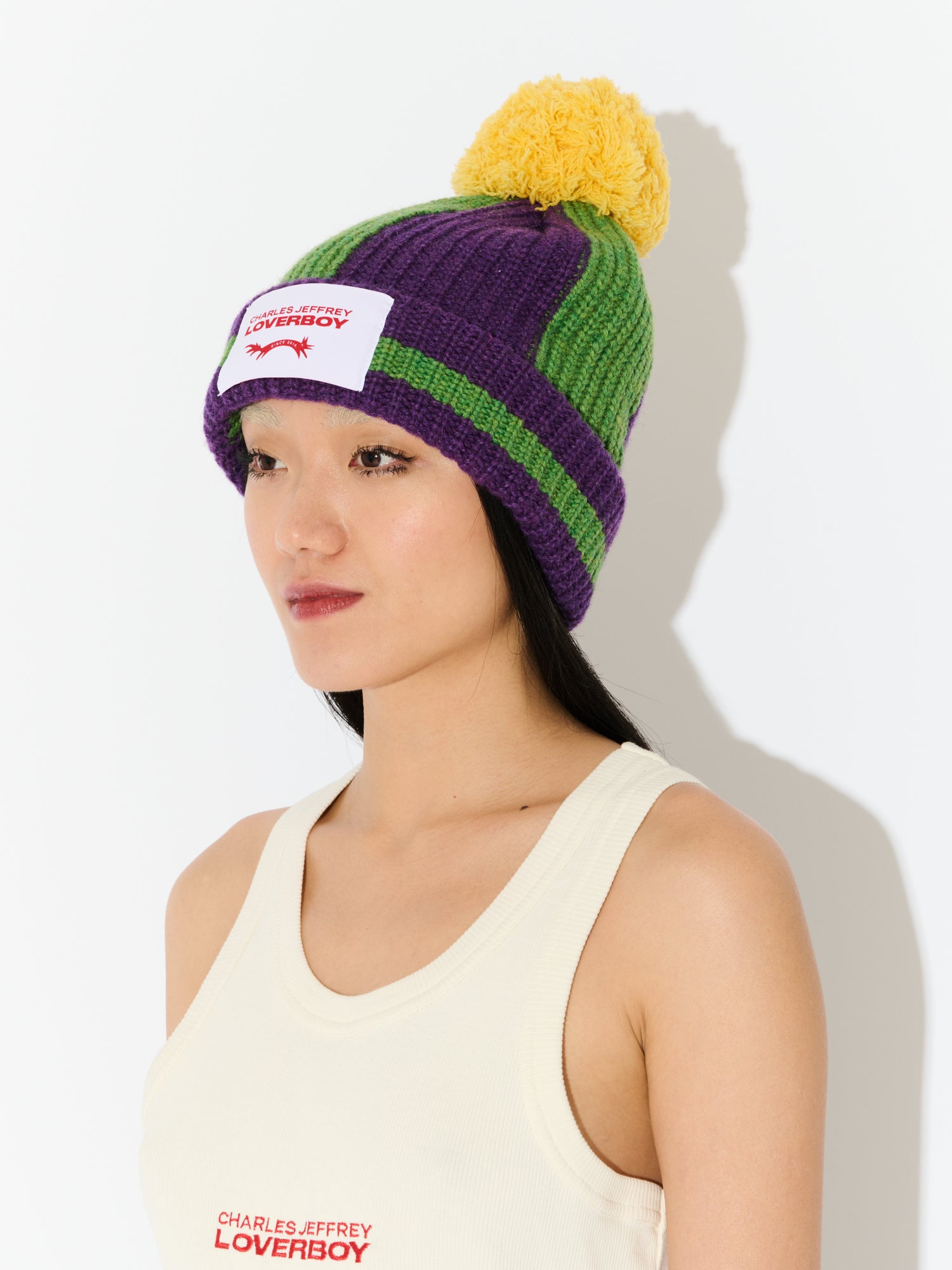 POMPOM BEANIE in GREEN PURPLE YELLOW - Image 4