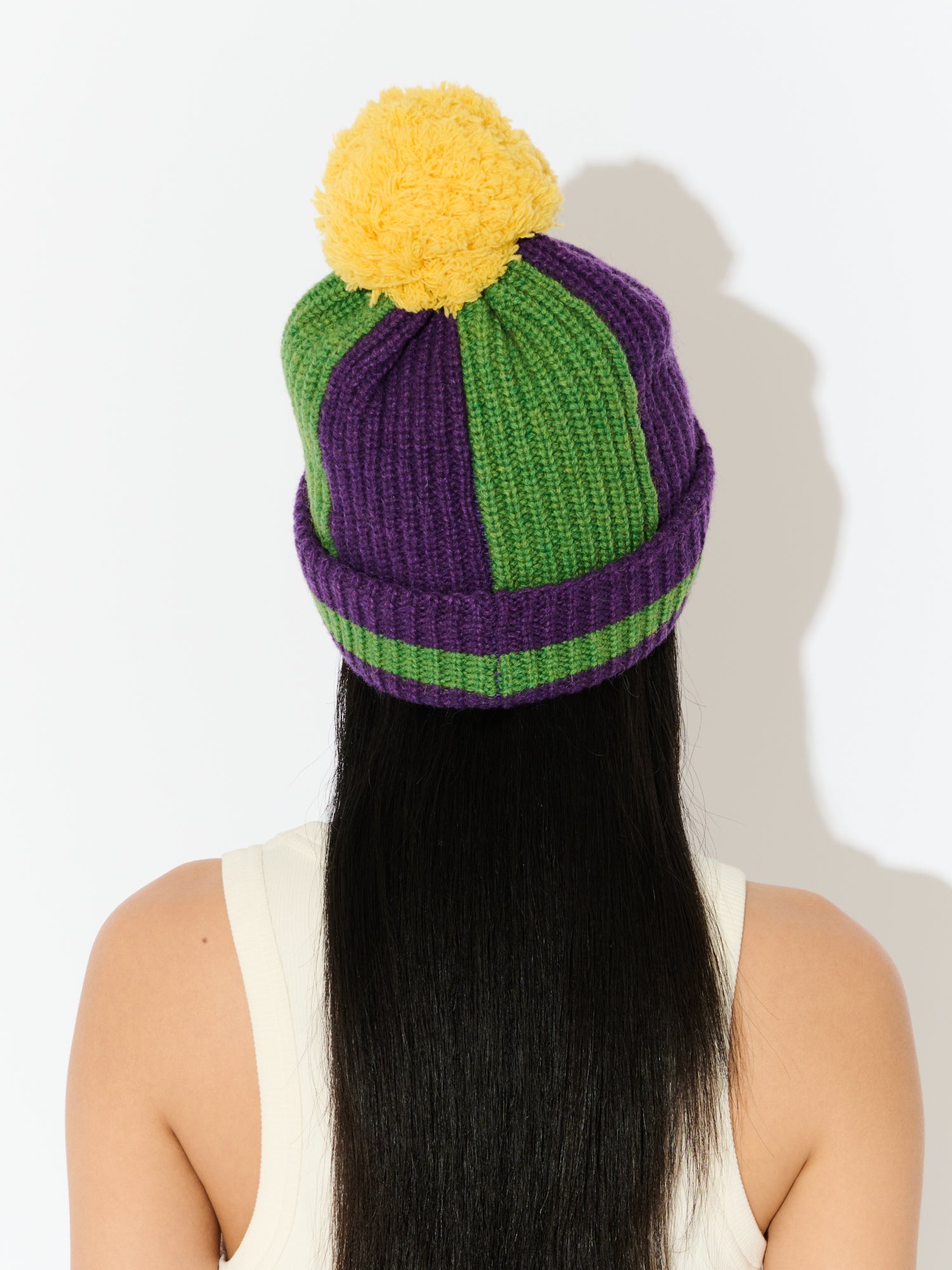 POMPOM BEANIE in GREEN PURPLE YELLOW - Image 5