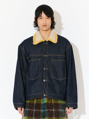 DENIM JACKET WITH KNITTED COLLAR in INDIGO DENIM