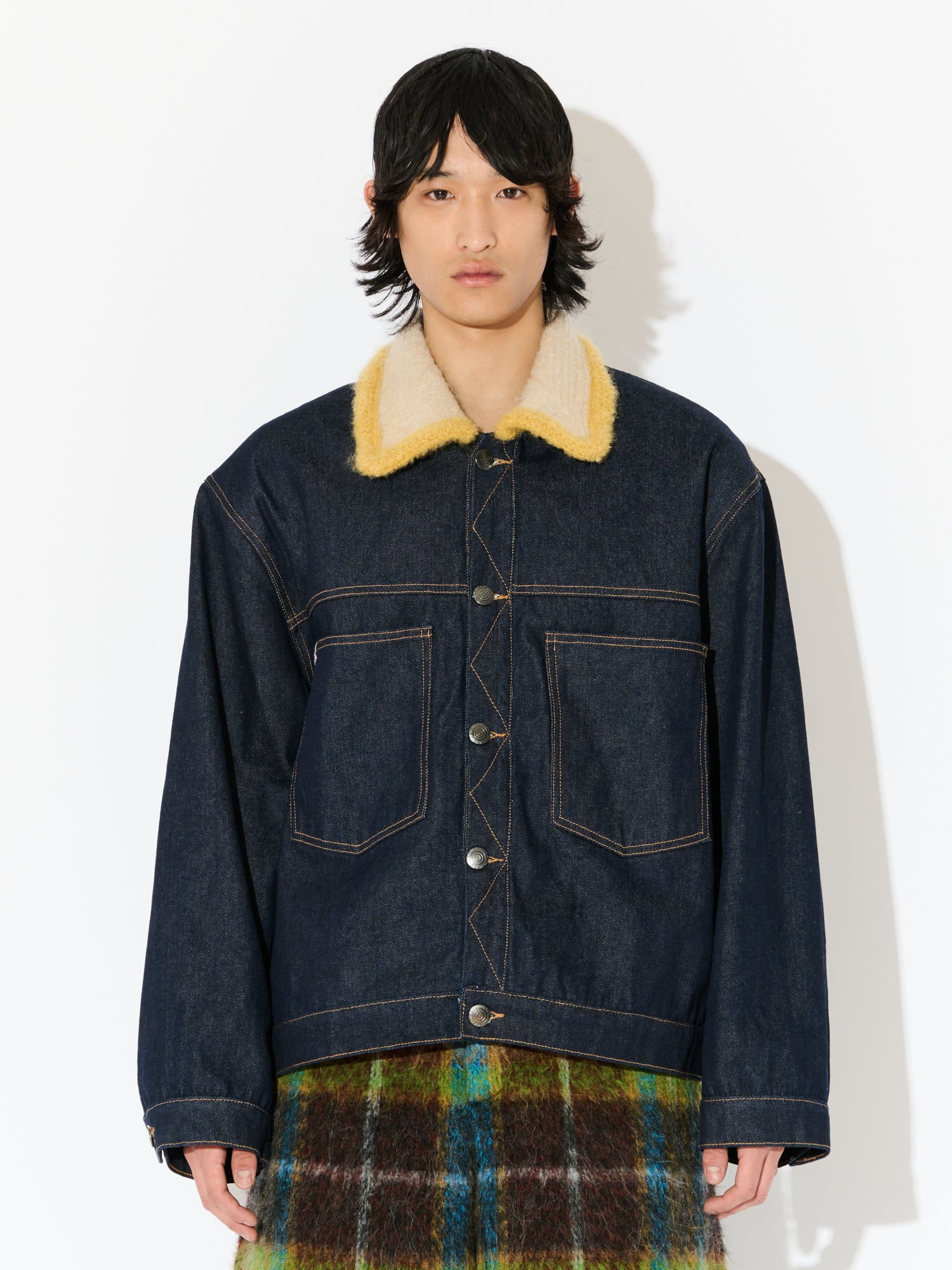 DENIM JACKET WITH KNITTED COLLAR in INDIGO DENIM