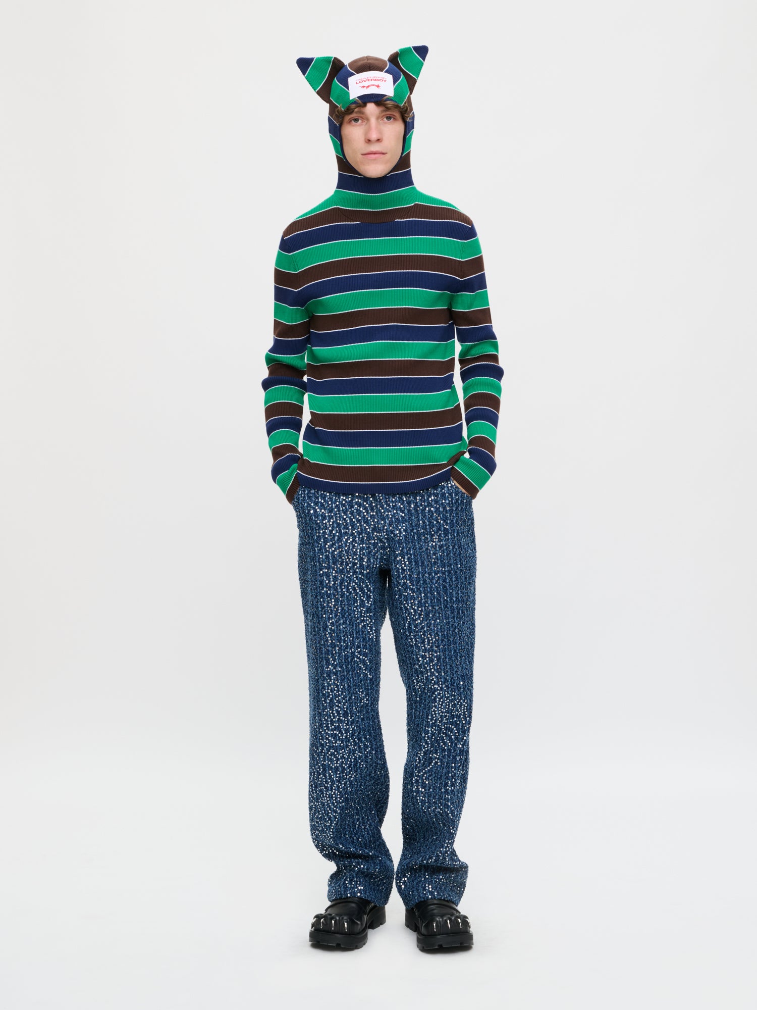 RIBBED EARS BALACLAVA JUMPER in GREEN NAVY STRIPE - Image 2