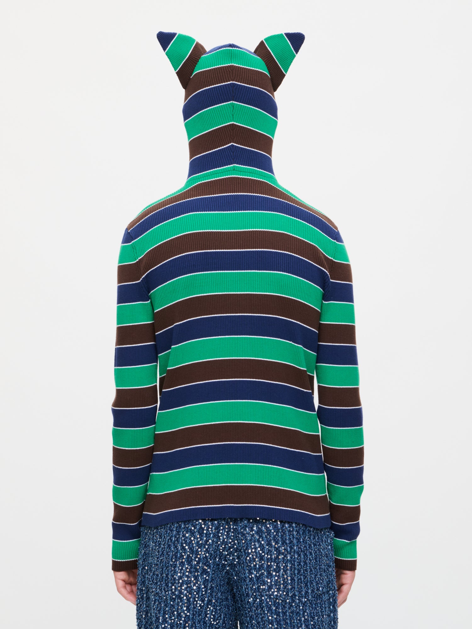 RIBBED EARS BALACLAVA JUMPER in GREEN NAVY STRIPE - Image 4