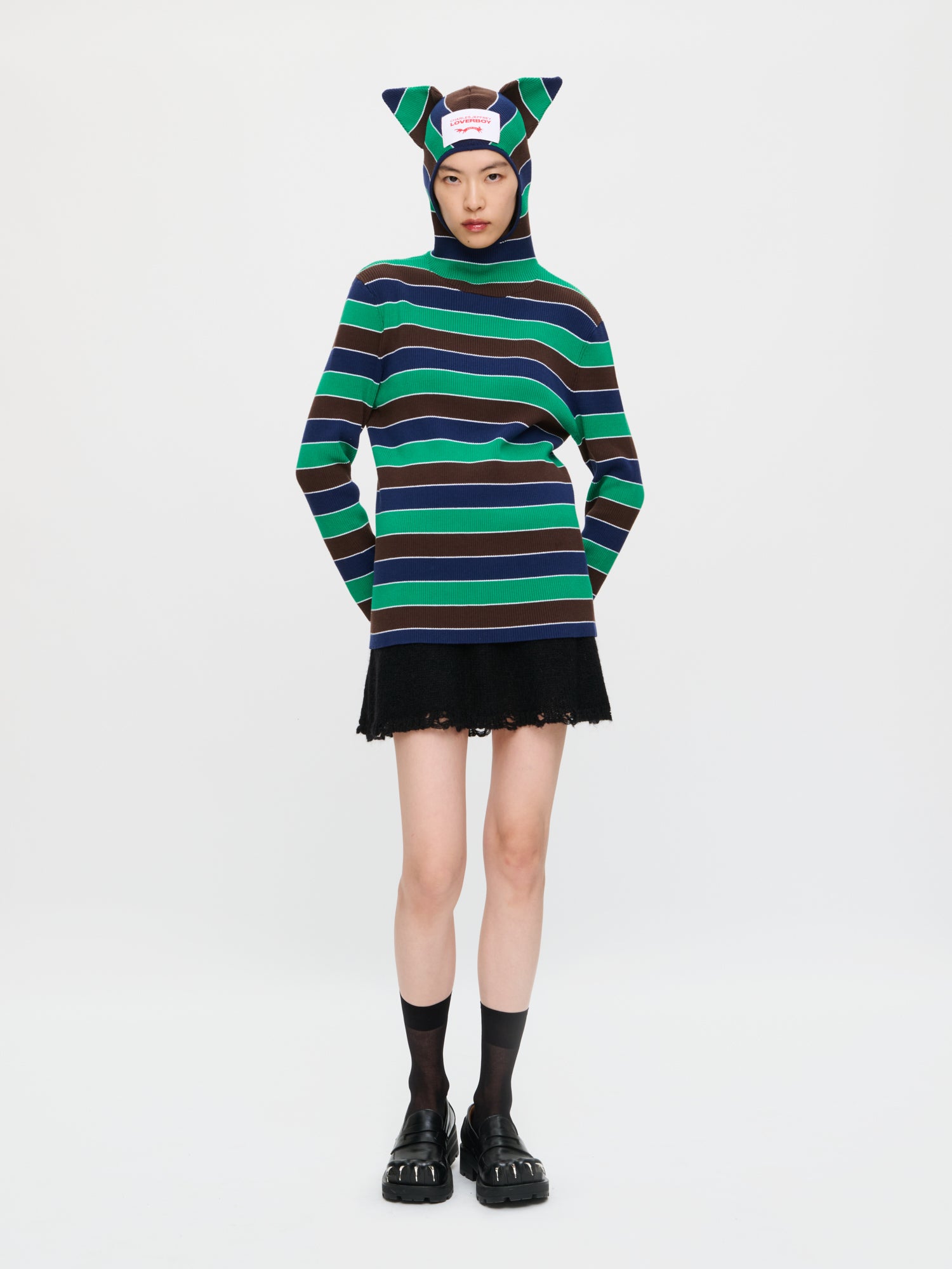 RIBBED EARS BALACLAVA JUMPER in GREEN NAVY STRIPE - Image 6